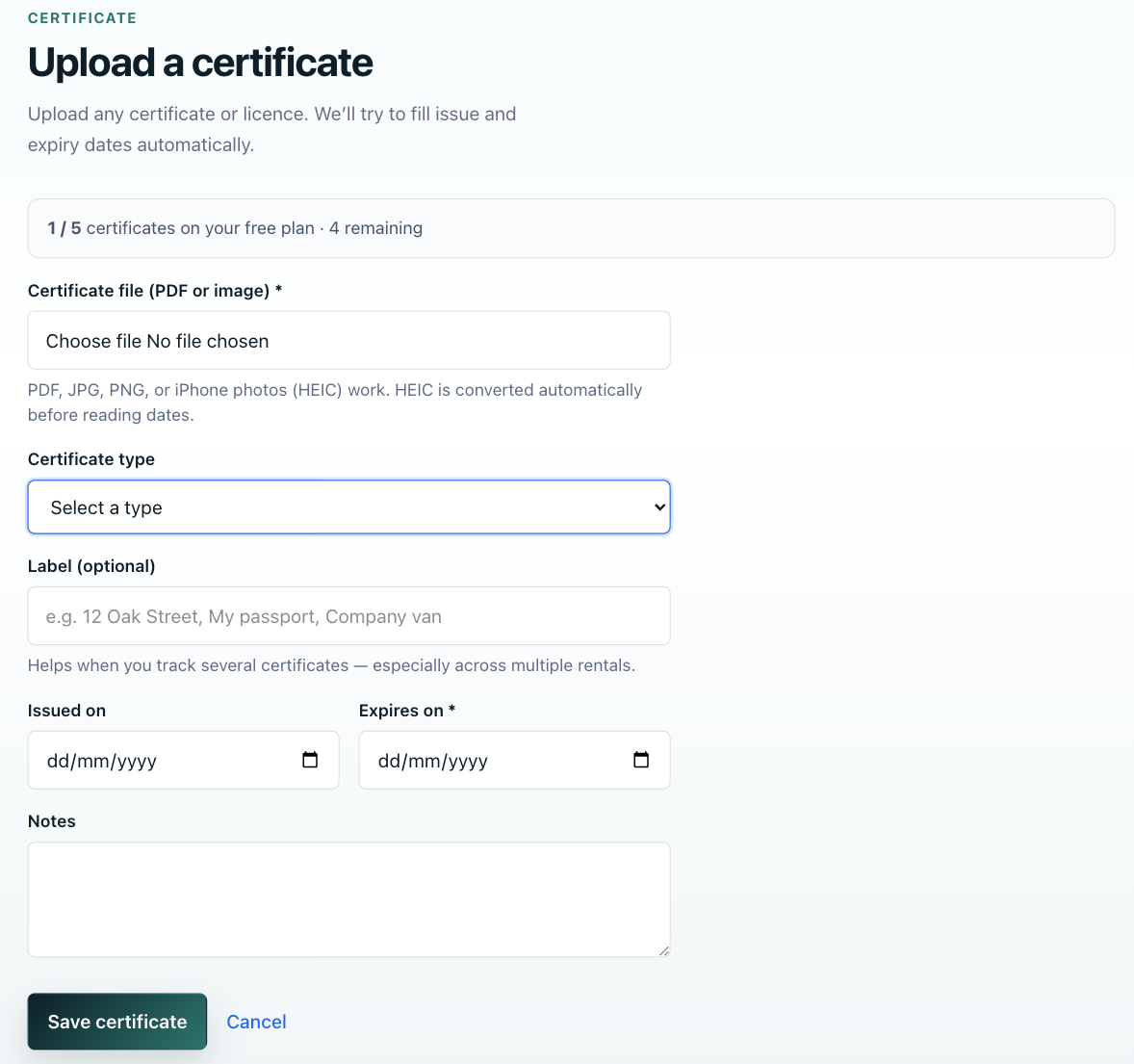 Certs Reminder upload form — choose a certificate PDF or image to upload