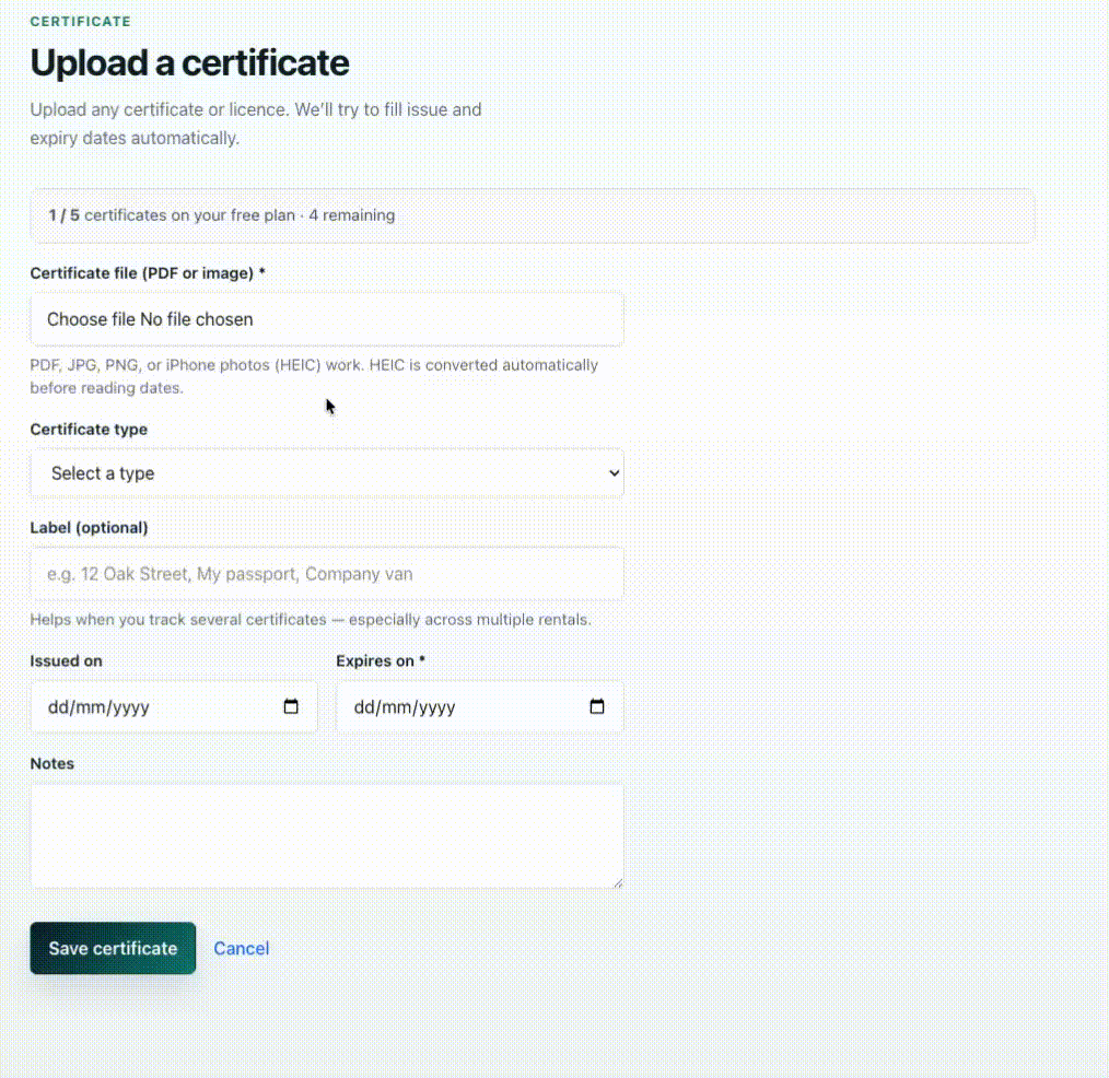 Certs Reminder upload form with issue and expiry dates filled from the uploaded document